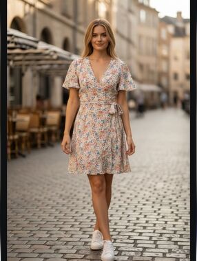 Monteau Los Angeles Multicolor Floral V Neck Wrap Mini Dress Small Preowned‎